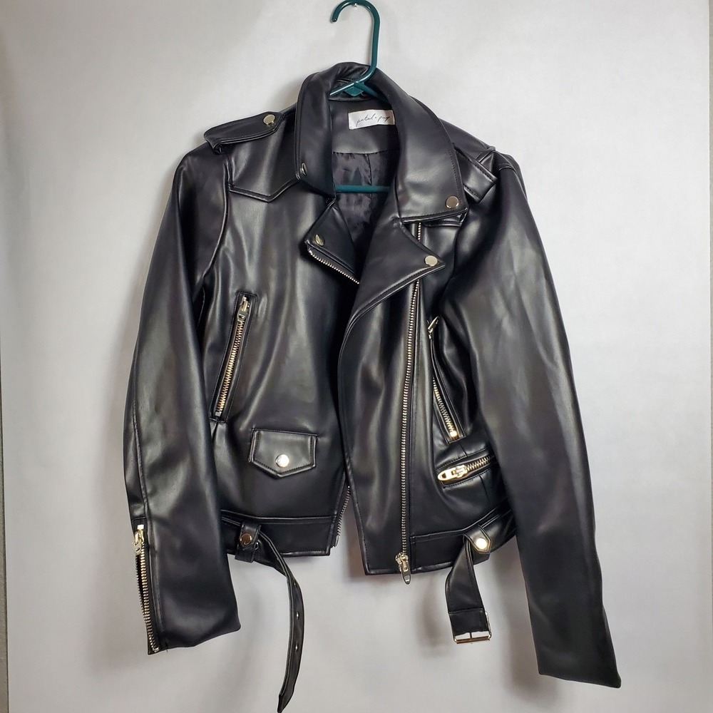 Petal + Pup Black Faux Leather Moto Jacket Zip Pockets Belted Womens Medium